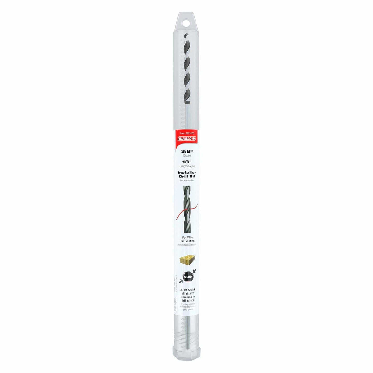 Packaged Diablo installer drill bit labeled as 3/8 inch diameter and 18 inch length, featuring a wire feed hole, flexible shaft, and 3-flat shank for secure grip