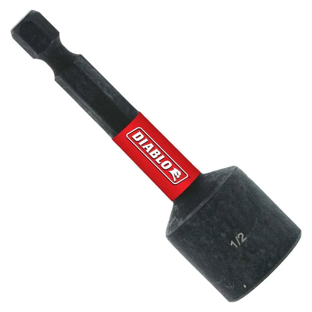 Diablo DNTSL12B 1/2-inch by 2-9/16-inch magnetic nut setter featuring a 1/4-inch hex shank and torque-resistant red torsion zone.