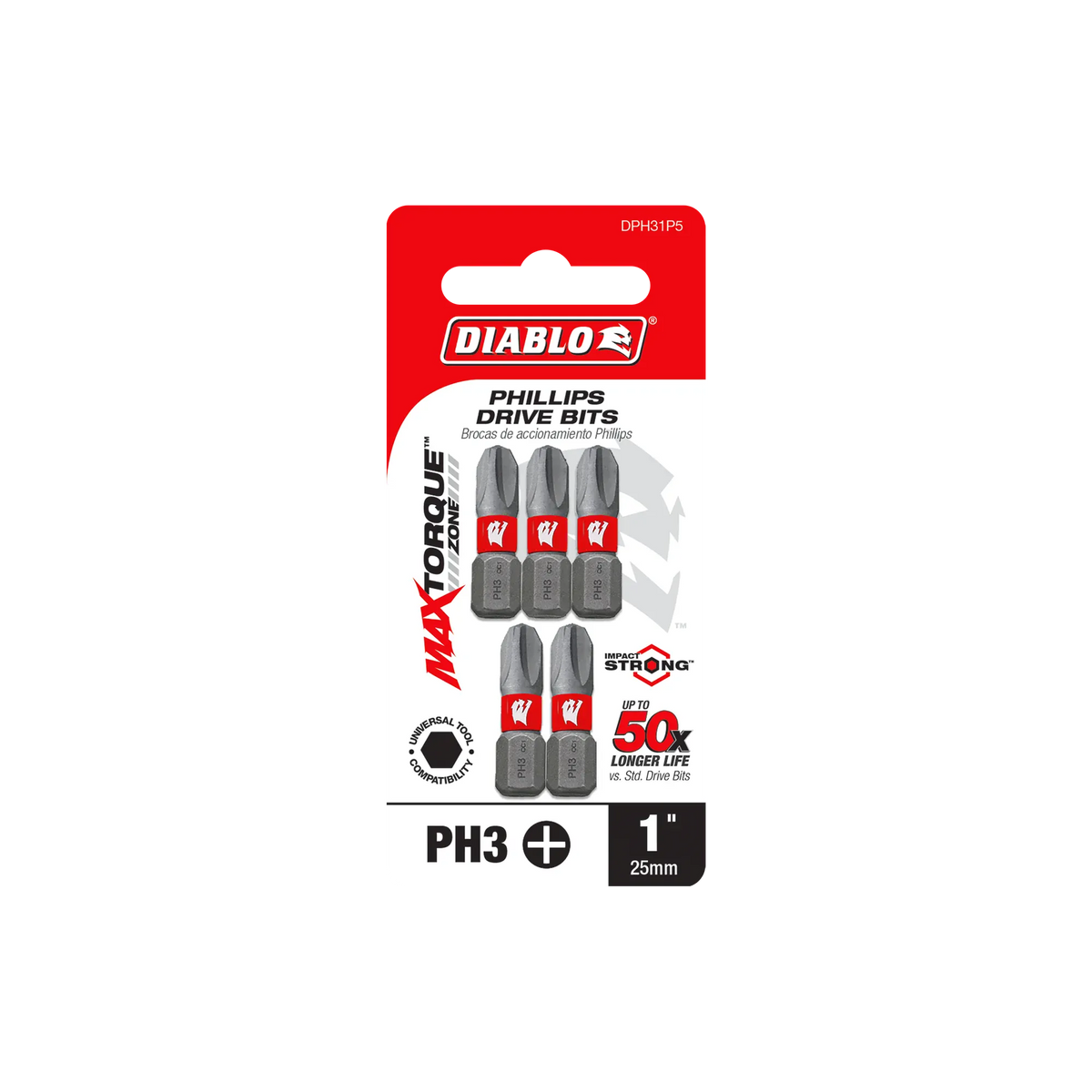 Diablo DPH31P5 5-pack 1-inch #3 Phillips impact driver bits in retail packaging highlighting MaxTorque technology and 50X longer life.