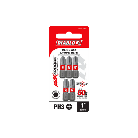 Diablo DPH31P5 5-pack 1-inch #3 Phillips impact driver bits in retail packaging highlighting MaxTorque technology and 50X longer life.