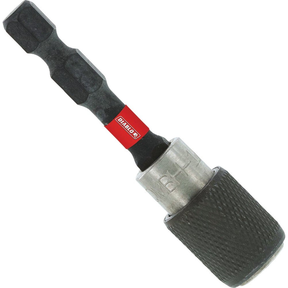 Diablo DBH238QCB 2-3/8-inch magnetic bit holder featuring a quick-change locking knurled collar and 1/4-inch hex shank for rapid bit swaps.