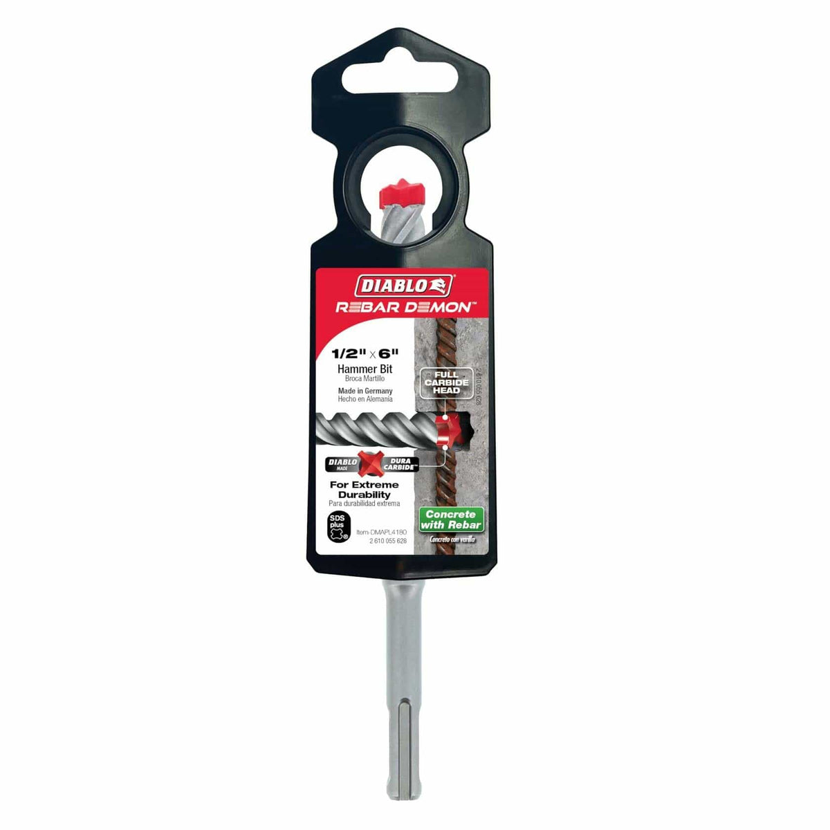 Diablo Rebar Demon 1/2" x 6" SDS-Plus Hammer Bit with full carbide head for reinforced concrete and rebar cutting