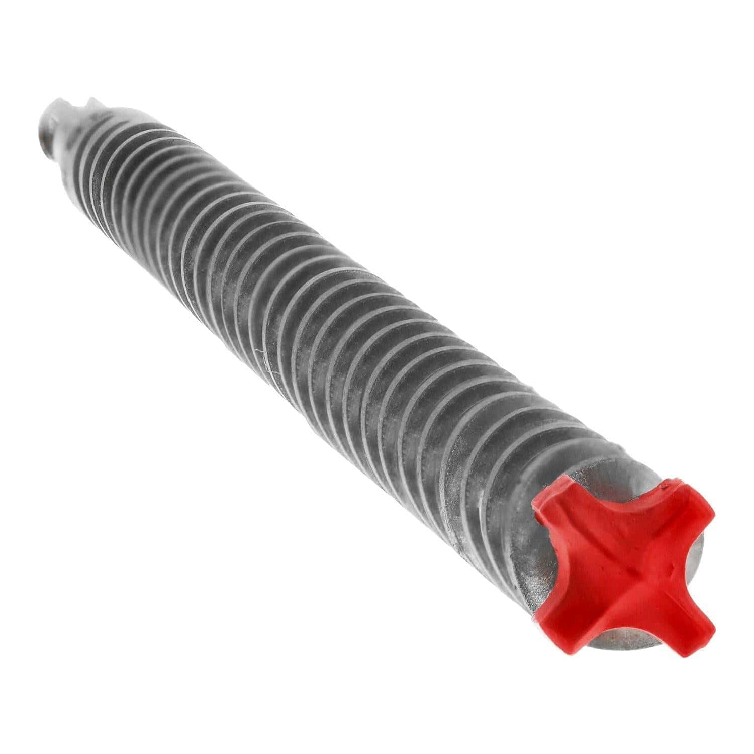 Close-up of the Diablo Rebar Demon SDS-Plus hammer drill bit, showing the red 4-cutter full carbide head and the helical flute shaft.