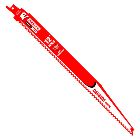 Diablo DC1206CWS10 12-inch Demo Demon reciprocating saw blade featuring TiCo carbide teeth and 5/7 variable TPI for cutting nail-embedded wood.