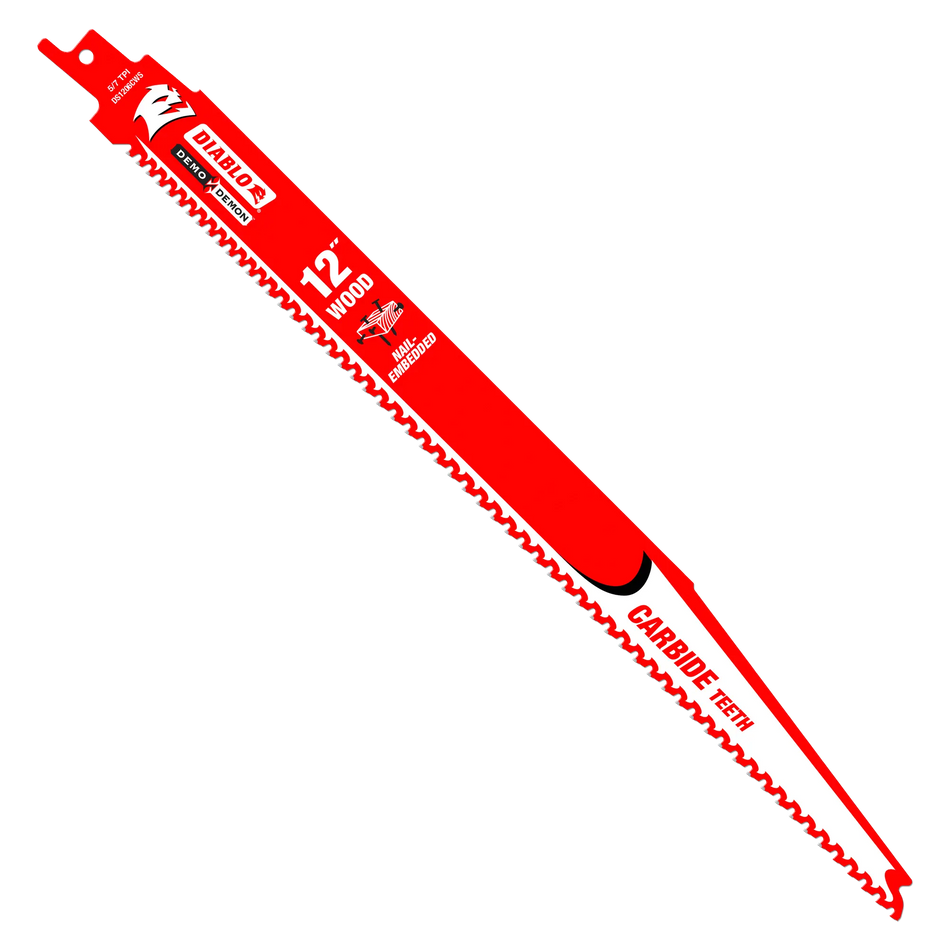 Diablo DC1206CWS10 12-inch Demo Demon reciprocating saw blade featuring TiCo carbide teeth and 5/7 variable TPI for cutting nail-embedded wood.