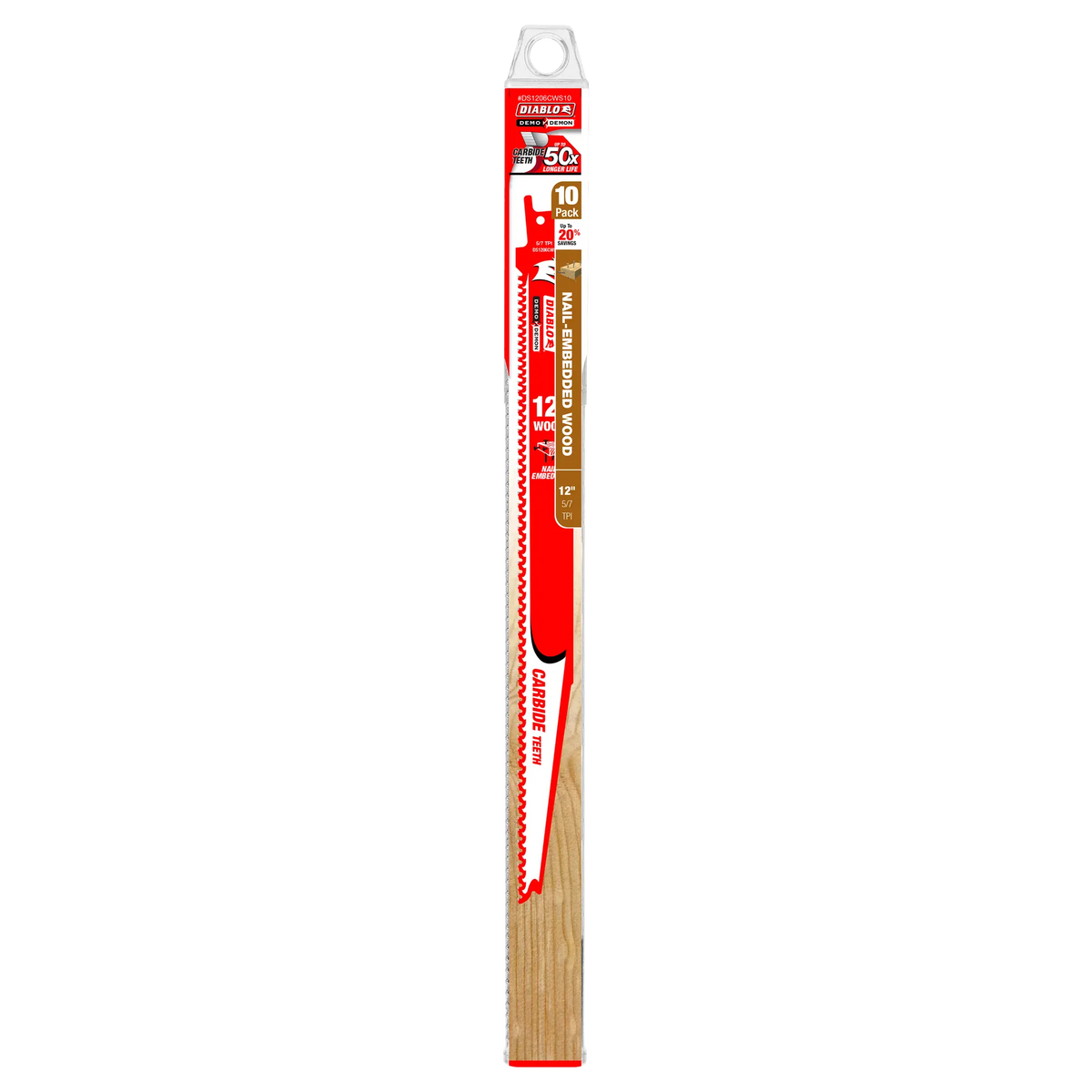 Retail packaging for the Diablo DC1206CWS10 10-pack reciprocating saw blades highlighting 50X longer cutting life in abrasive wood.