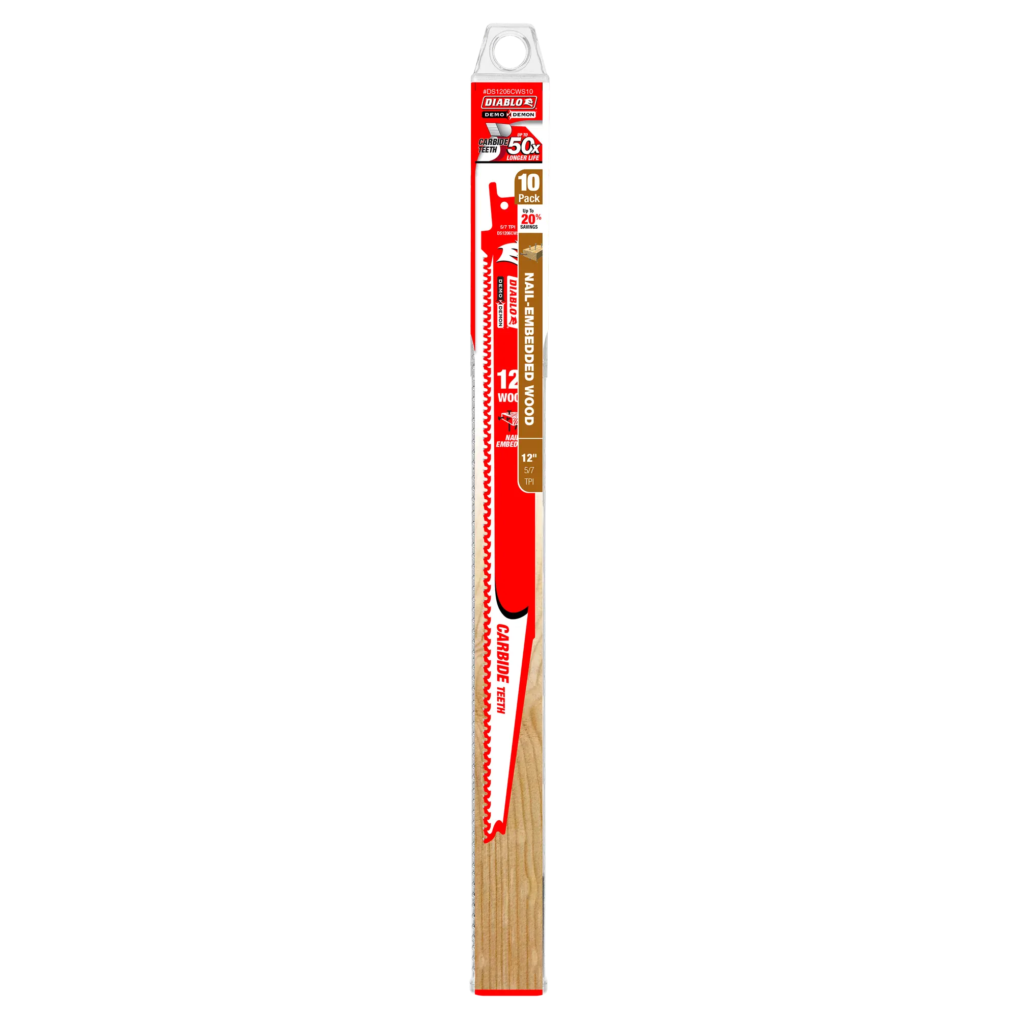 Retail packaging for the Diablo DC1206CWS10 10-pack reciprocating saw blades highlighting 50X longer cutting life in abrasive wood.