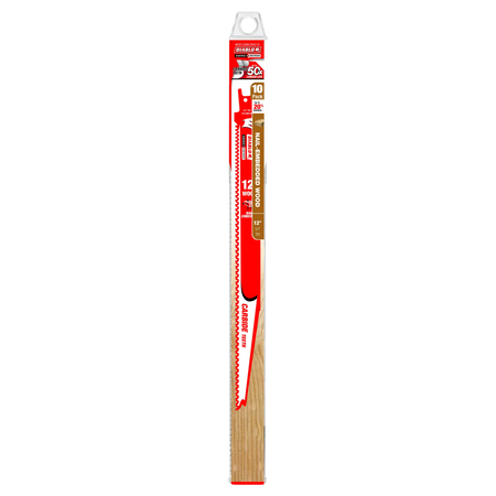 Retail packaging for the Diablo DC1206CWS10 10-pack reciprocating saw blades highlighting 50X longer cutting life in abrasive wood.