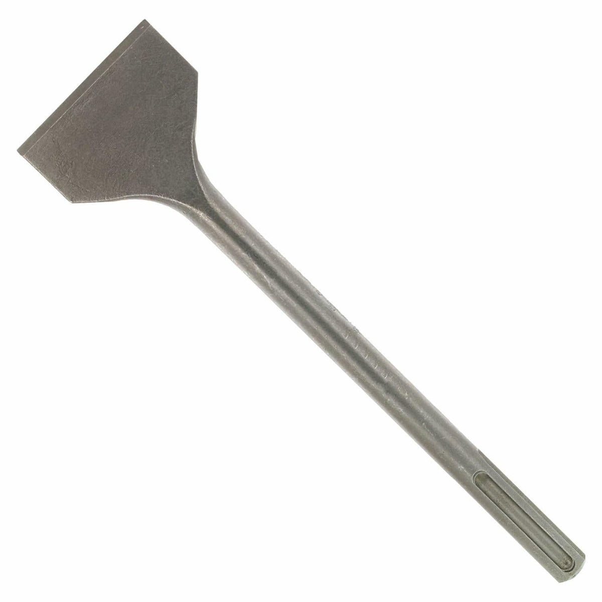 Metal chisel with a textured blade on a white background
