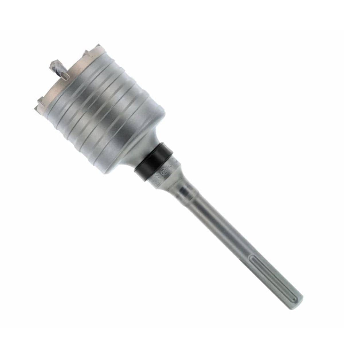 3-1/4 inch bit. This is a close-up, eye-level shot of a large, gray core drill bit, angled slightly to the right against a plain white background. The bit features a wide, cylindrical cutting head with horizontal grooves and sharp teeth, which tapers down to a narrower, smooth shaft with a black collar and a rectangular attachment point at the end.