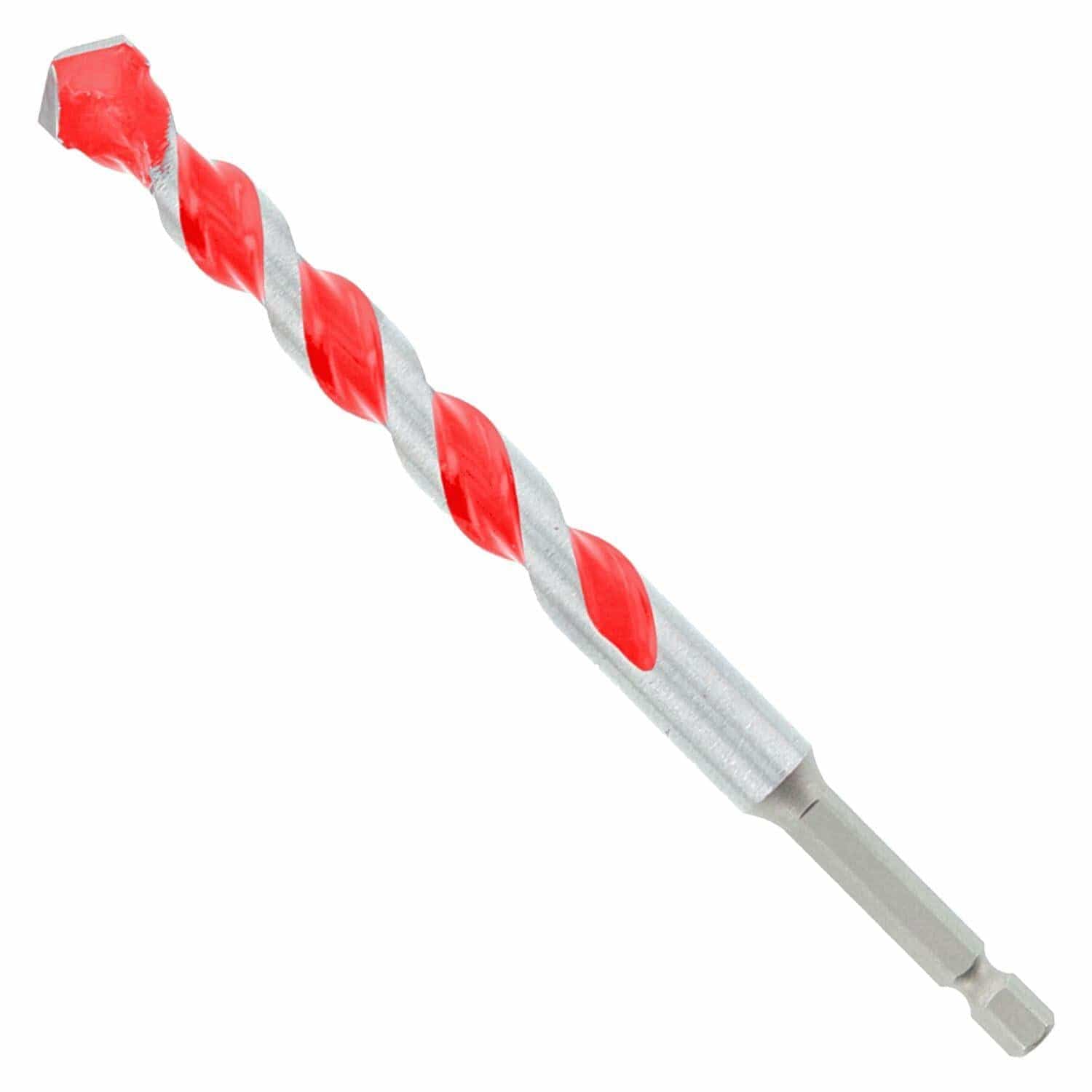 Diablo masonry drill bit with red and silver spiral flutes and hex shank, engineered for efficient drilling in concrete, brick, stone, and other hard materials