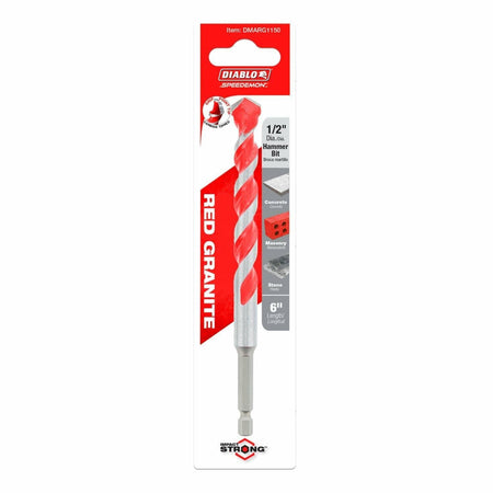 Packaged Diablo SPEEDemon DMARG1150 hammer drill bit labeled Red Granite, designed for drilling into concrete, masonry, brick, and stone with a 1/2 inch diameter and 6 inch length.
