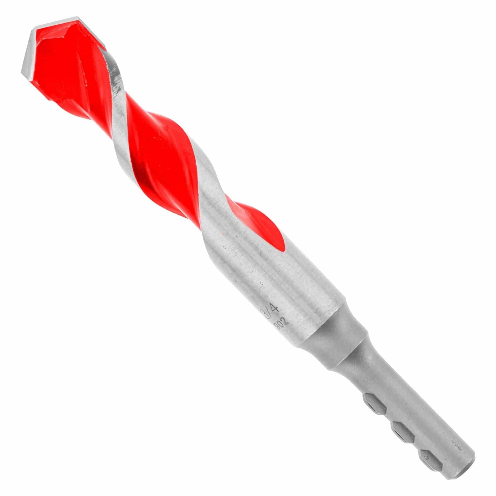 Close-up of Diablo masonry drill bit with red spiral coating and SDS-style shank, engineered for efficient drilling in concrete, brick, and stone