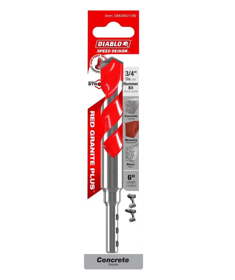 Packaged Diablo SPEEDemon DMARG1190 hammer drill bit labeled Red Granite PLUS, designed for drilling into concrete, masonry, and stone surfaces.