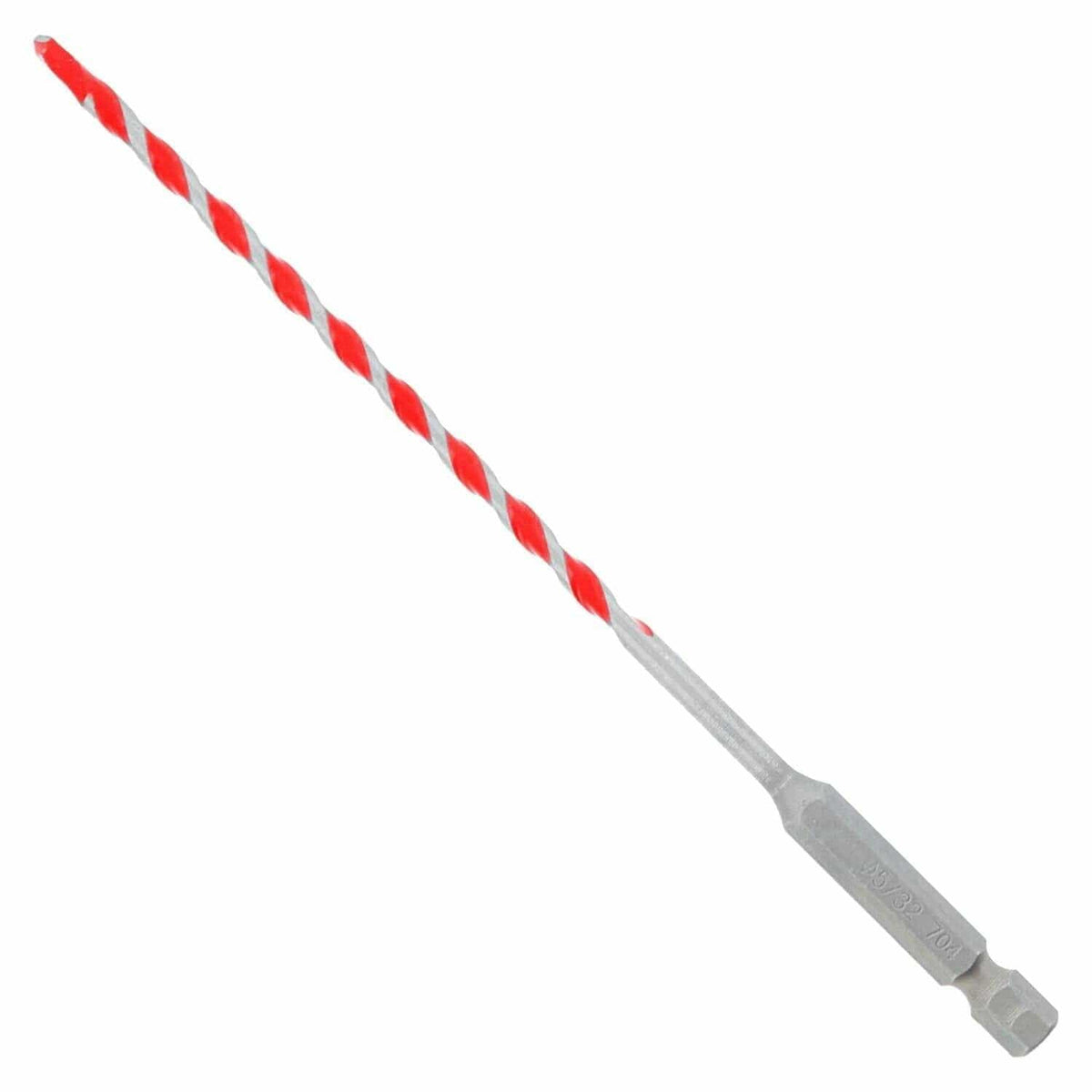 White drill bit with red and white striped handle on a white background