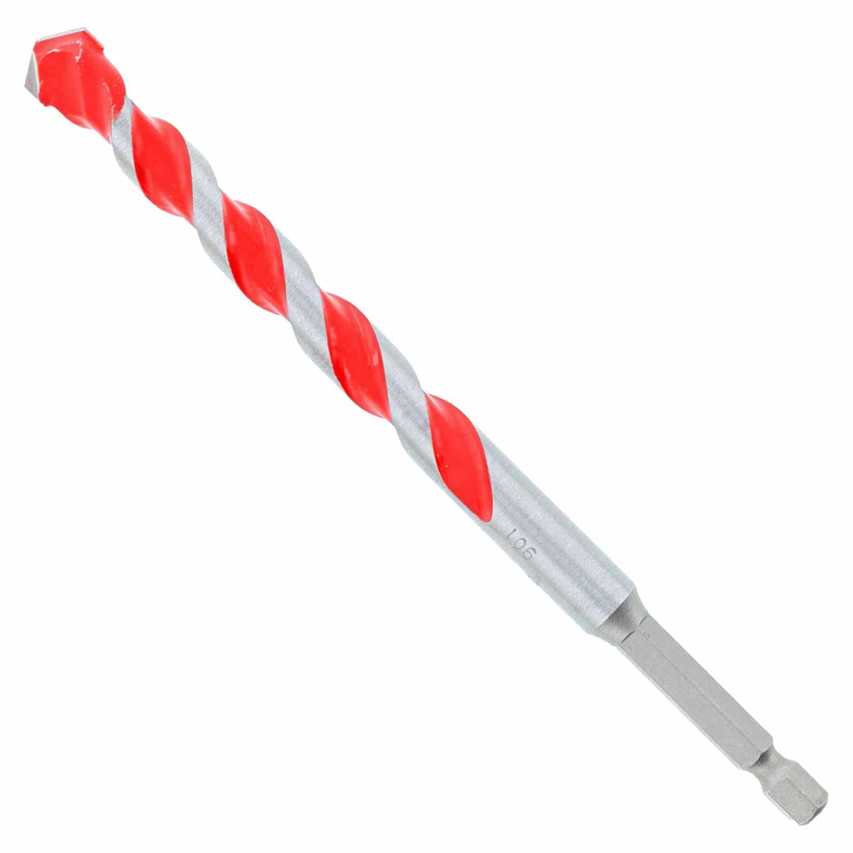 Diablo hammer drill bit with red and silver spiral flute and hex shank, designed for drilling into concrete, brick, and stone.