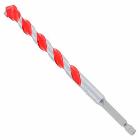 Diablo hammer drill bit with red and silver spiral flute and hex shank, designed for drilling into concrete, brick, and stone.