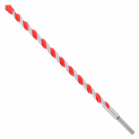 Masonry drill bit with alternating red and silver spiral flutes and reinforced tip, designed for drilling into concrete, brick, or stone with a smooth cylindrical shank for standard drill chucks.