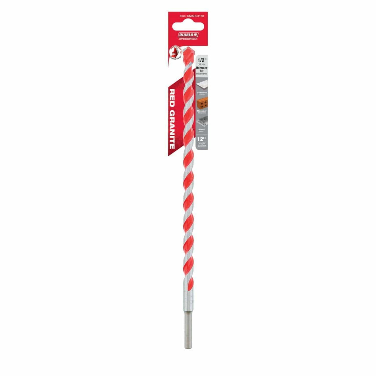 Packaged Diablo Red Granite drill bit labeled as 1/2 inch diameter and 12 inch length, featuring red and silver spiral design and icons indicating use with granite, stone, and masonry.