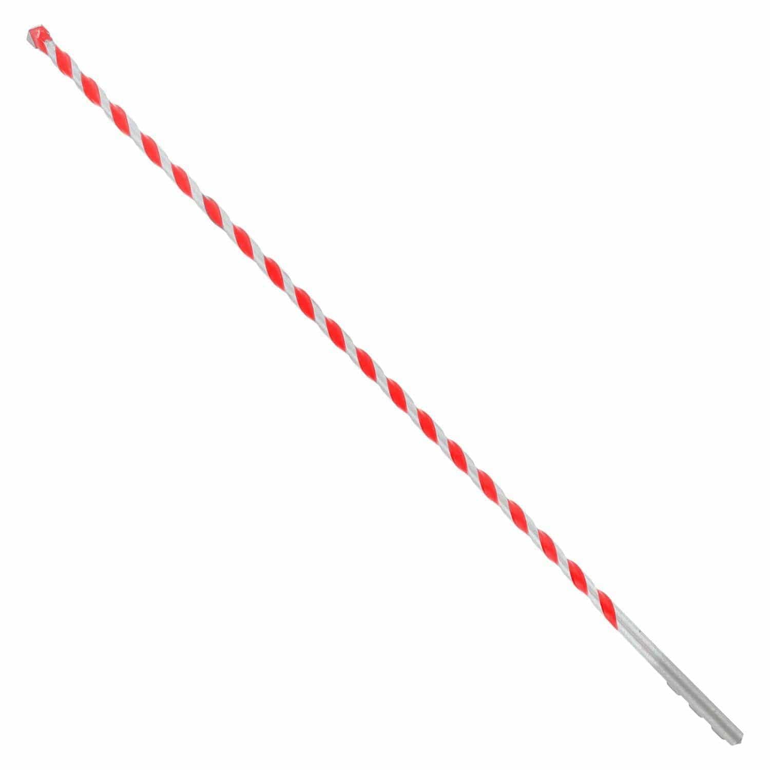 Long masonry drill bit with alternating red and silver spiral flutes and pointed tip, designed for drilling into concrete, brick, or stone with a power drill-compatible shank.