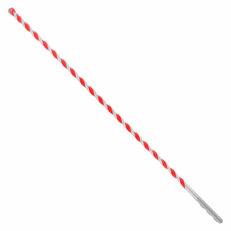Long masonry drill bit with alternating red and silver spiral flutes and pointed tip, designed for drilling into concrete, brick, or stone with a power drill-compatible shank.
