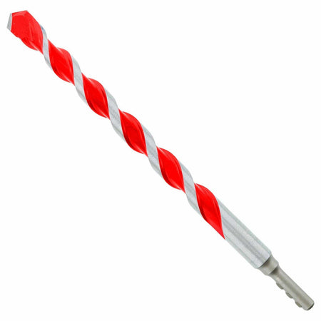 Red and silver masonry drill bit with spiral flute and SDS shank, designed for hammer drilling into concrete, brick, or stone with impact-resistant carbide tip.