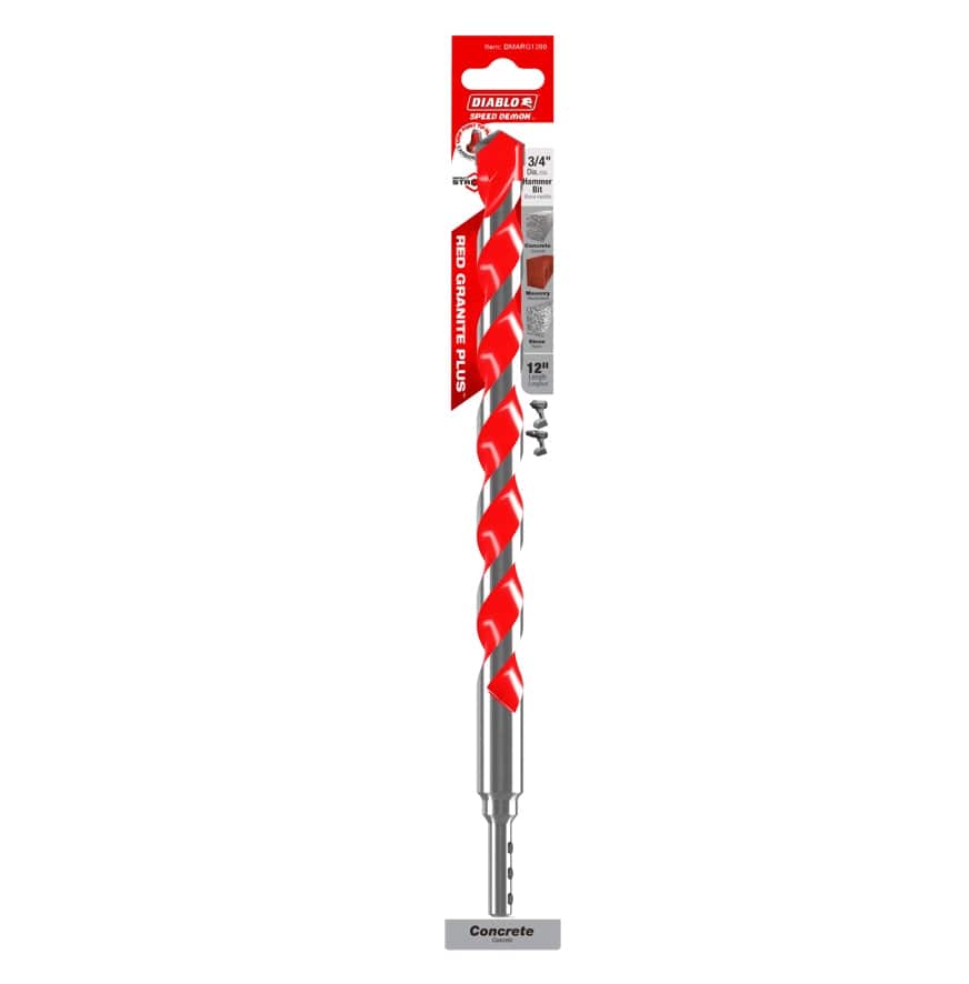 Packaged Diablo Rebar Demon hammer drill bit labeled as 3/4 inch diameter and 12 inch length, featuring red and silver spiral design, carbide tip, and two included concrete anchors for drilling through concrete and rebar.