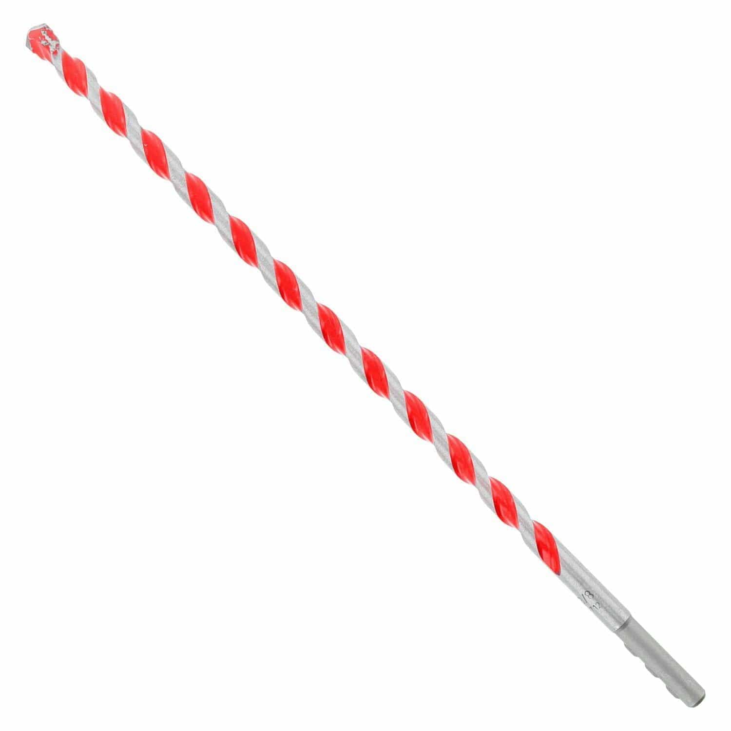 Masonry drill bit with red and silver spiral flutes and reinforced carbide tip, featuring SDS shank for secure hammer drill compatibility in concrete, brick, and stone applications.