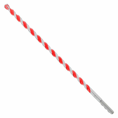 Masonry drill bit with red and silver spiral flutes and reinforced carbide tip, featuring SDS shank for secure hammer drill compatibility in concrete, brick, and stone applications.