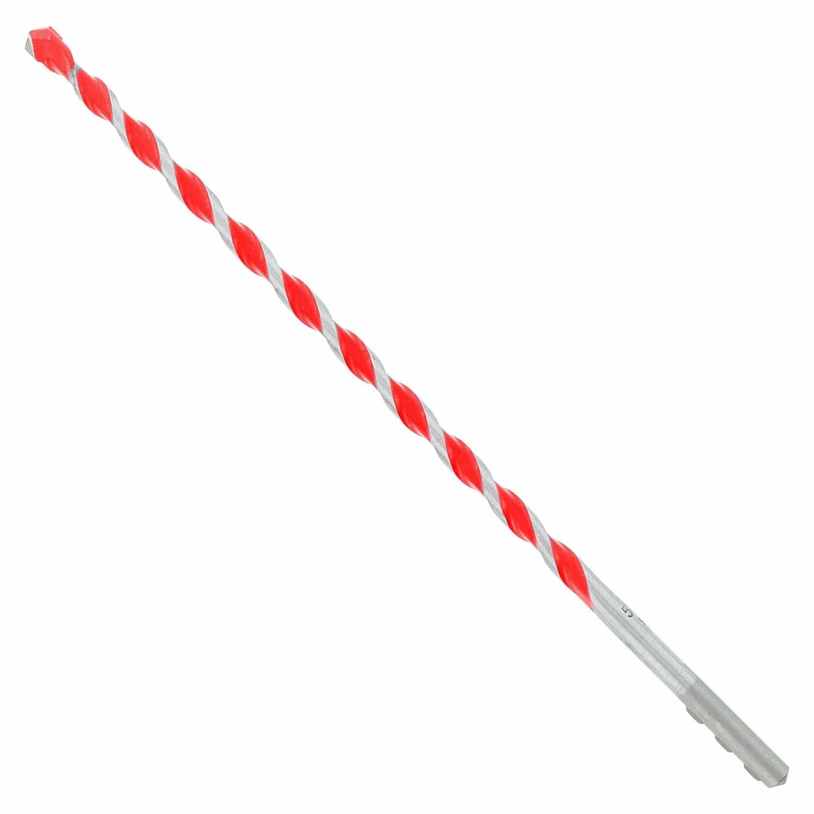 Masonry drill bit with red spiral flutes and SDS shank, designed for impact drilling into concrete, brick, or stone with efficient debris removal