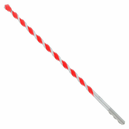 Masonry drill bit with red spiral flutes and SDS shank, designed for impact drilling into concrete, brick, or stone with efficient debris removal