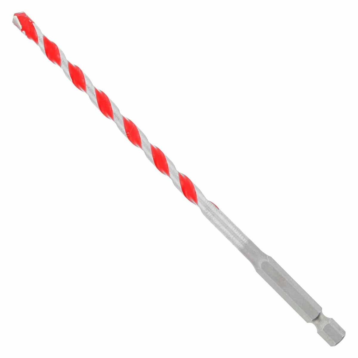 Masonry drill bit with red and silver spiral flutes, carbide tip, and hex shank, designed for secure fitment and efficient drilling into concrete, brick, or stone