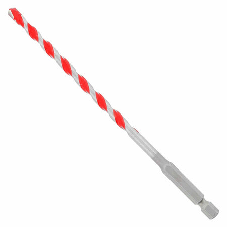 Masonry drill bit with red and silver spiral flutes, carbide tip, and hex shank, designed for secure fitment and efficient drilling into concrete, brick, or stone