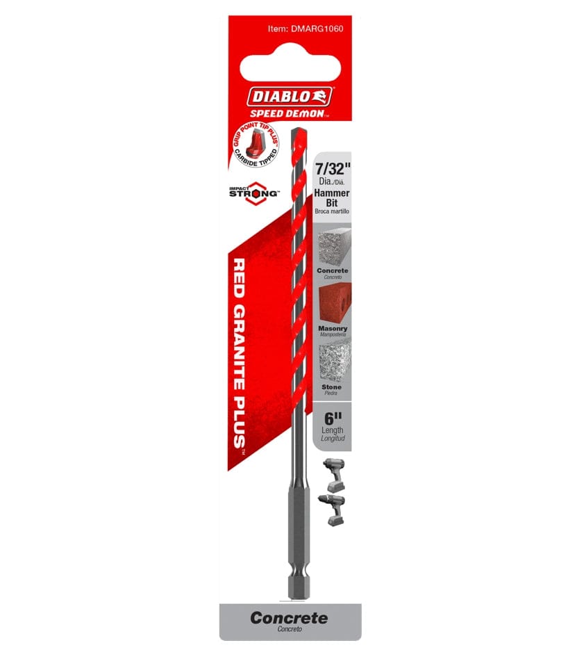 Packaged Diablo SPEEDemon Red Granite Plus hammer drill bit labeled as 7/32 inch diameter and 6 inch length, featuring red and silver spiral design and icons for concrete, masonry, and stone applications.