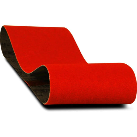 The image shows a bright red Diablo sanding belt that is partially unrolled. The belt has a textured surface and a visible seam where the ends are joined.