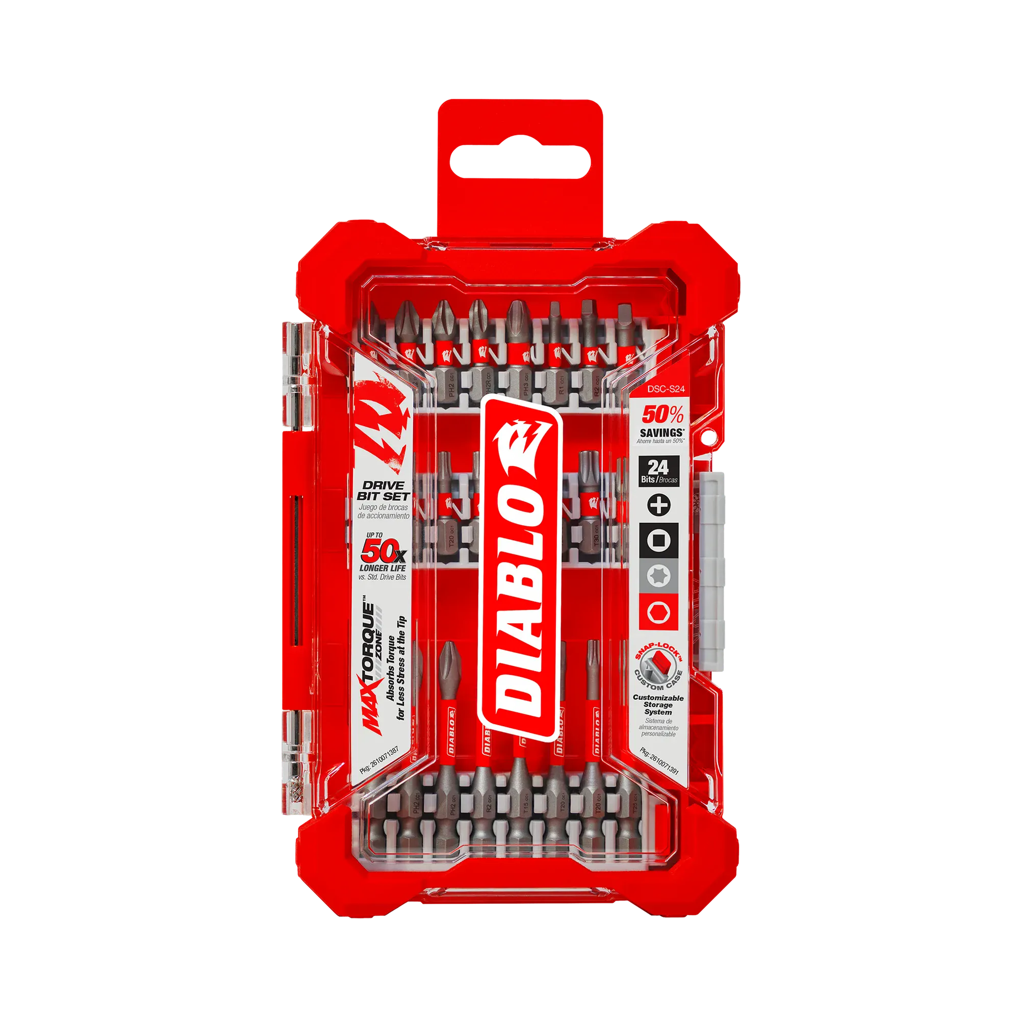 Diablo DSC-S24 24-piece impact strong screwdriving bit set displayed inside its red and clear snap-lock custom storage case with a hanging tab. The transparent front lid shows organized rows of 1/4-inch hex shank torque-resistant steel bits including Phillips, square, and Torx driver styles with red torsion sleeves. Product branding labels indicate the Diablo logo, DSC-S24 model number, 24 bits count, 50 percent savings, up to 50x longer life, and MaxTorque Zone technology for industrial fastener installati
