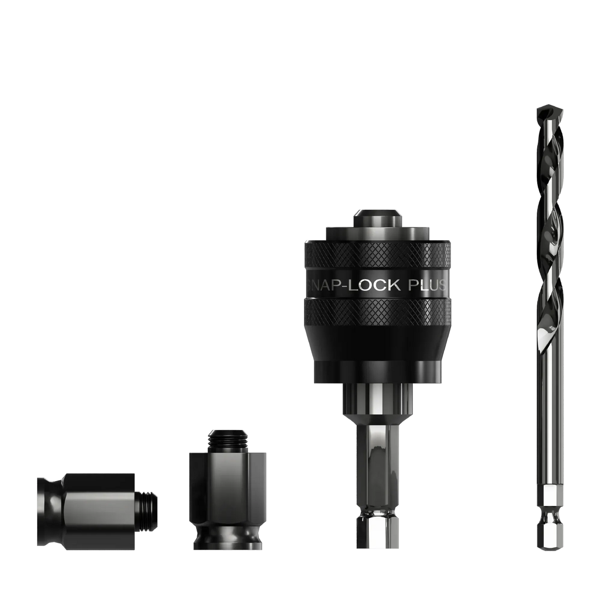 Product photo of the Diablo Snap-Lock Plus Mandrel System, including the mandrel with its 3/8" hex shank, and the two adapter nuts.
