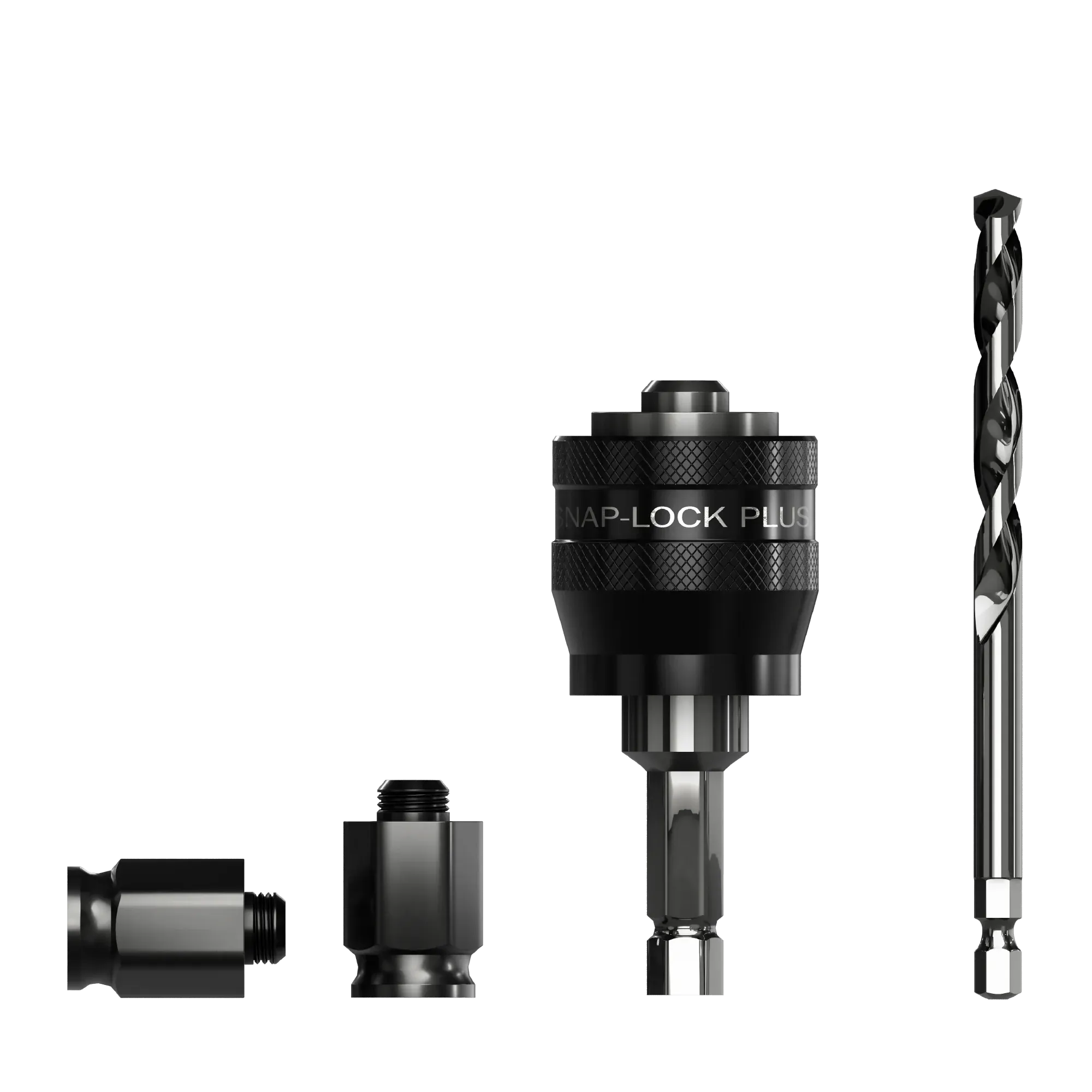 Product photo of the Diablo Snap-Lock Plus Mandrel System, including the mandrel with its 3/8" hex shank, and the two adapter nuts.