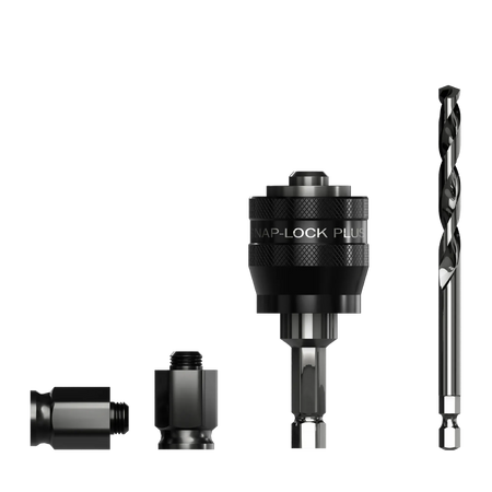 Product photo of the Diablo Snap-Lock Plus Mandrel System, including the mandrel with its 3/8" hex shank, and the two adapter nuts.