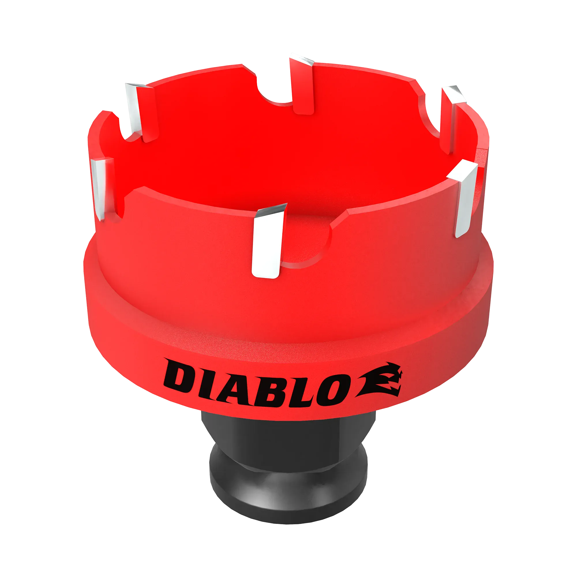 Studio shot of the Diablo 1-3/4 inch hole cutter standing upright, featuring a red body with carbide teeth and a black Snap-Lock Plus compatible shank.