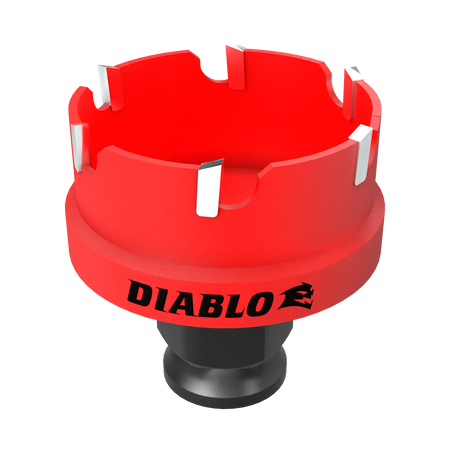 Studio shot of the Diablo 1-3/4 inch hole cutter standing upright, featuring a red body with carbide teeth and a black Snap-Lock Plus compatible shank.