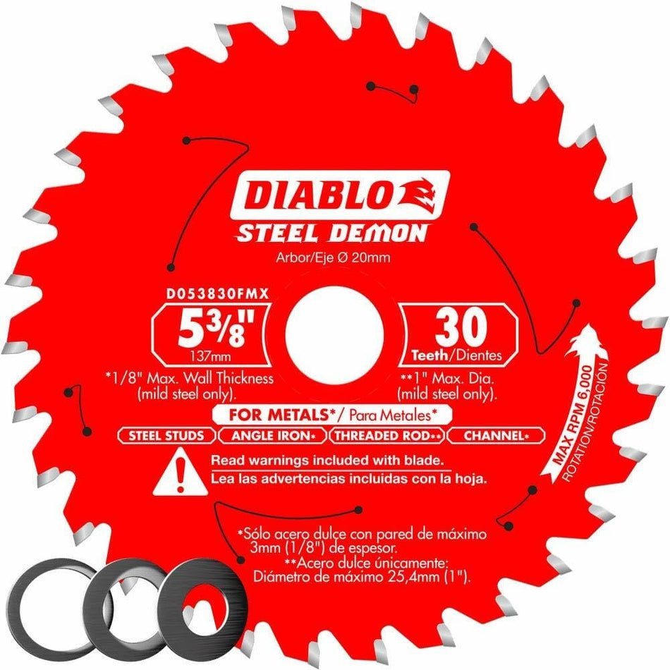 Packaged Diablo Steel Demon 5-3/8 inch circular saw blade with 30 carbide teeth and a 20mm arbor. The red blade is labeled for cutting medium steel, including steel studs, angle iron, and threaded rod up to 1/8 inch wall thickness. Two black arbor adapters are included. Text on the packaging is in English and Spanish, highlighting specifications and safety instructions.