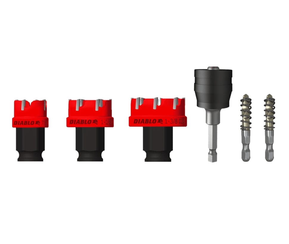 A studio shot of the 6 pieces in the Diablo Steel Demon hole cutter set: three red carbide hole saws, one Snap-Lock mandrel, and two plug eject pilot bits.