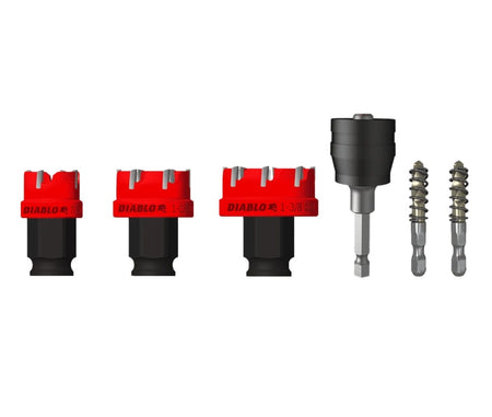 A studio shot of the 6 pieces in the Diablo Steel Demon hole cutter set: three red carbide hole saws, one Snap-Lock mandrel, and two plug eject pilot bits.