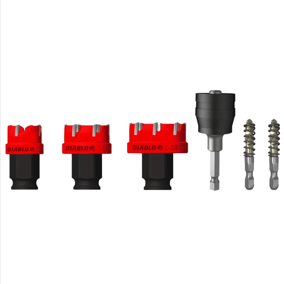 A studio shot of the 6 pieces in the Diablo Steel Demon hole cutter set: three red carbide hole saws, one Snap-Lock mandrel, and two plug eject pilot bits.