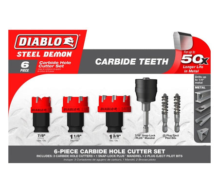 The retail packaging for the Diablo Steel Demon 6-piece carbide hole cutter set, showing the three hole saws, Snap-Lock mandrel, and two pilot bits.