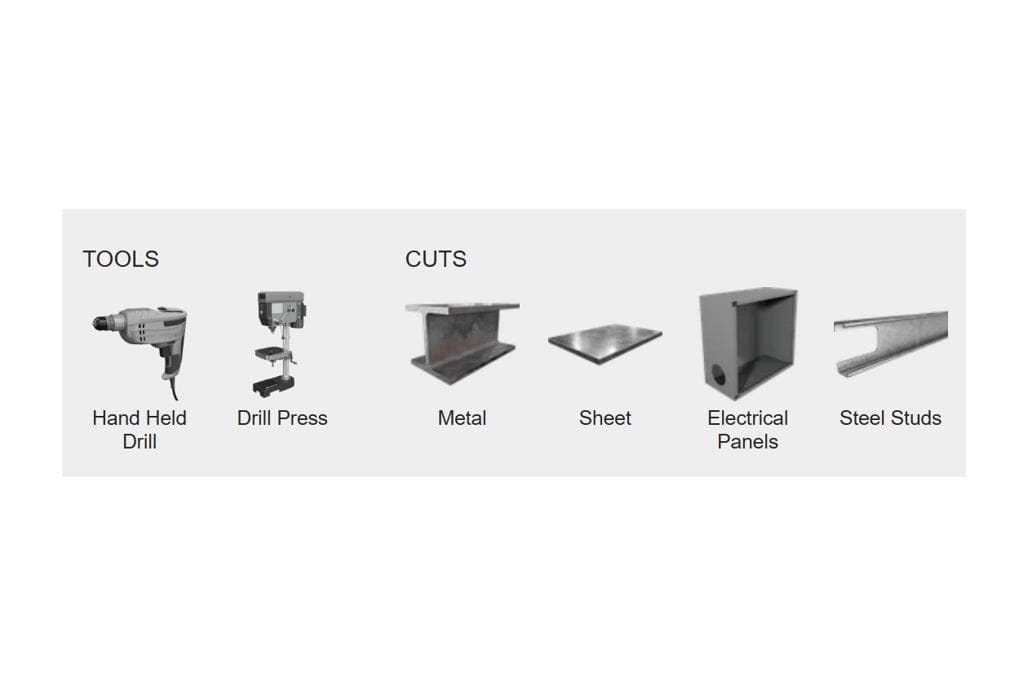 A marketing graphic showing compatible tools, a hand-held drill and drill press, and applications, including cutting metal, sheet, electrical panels, and steel studs.
