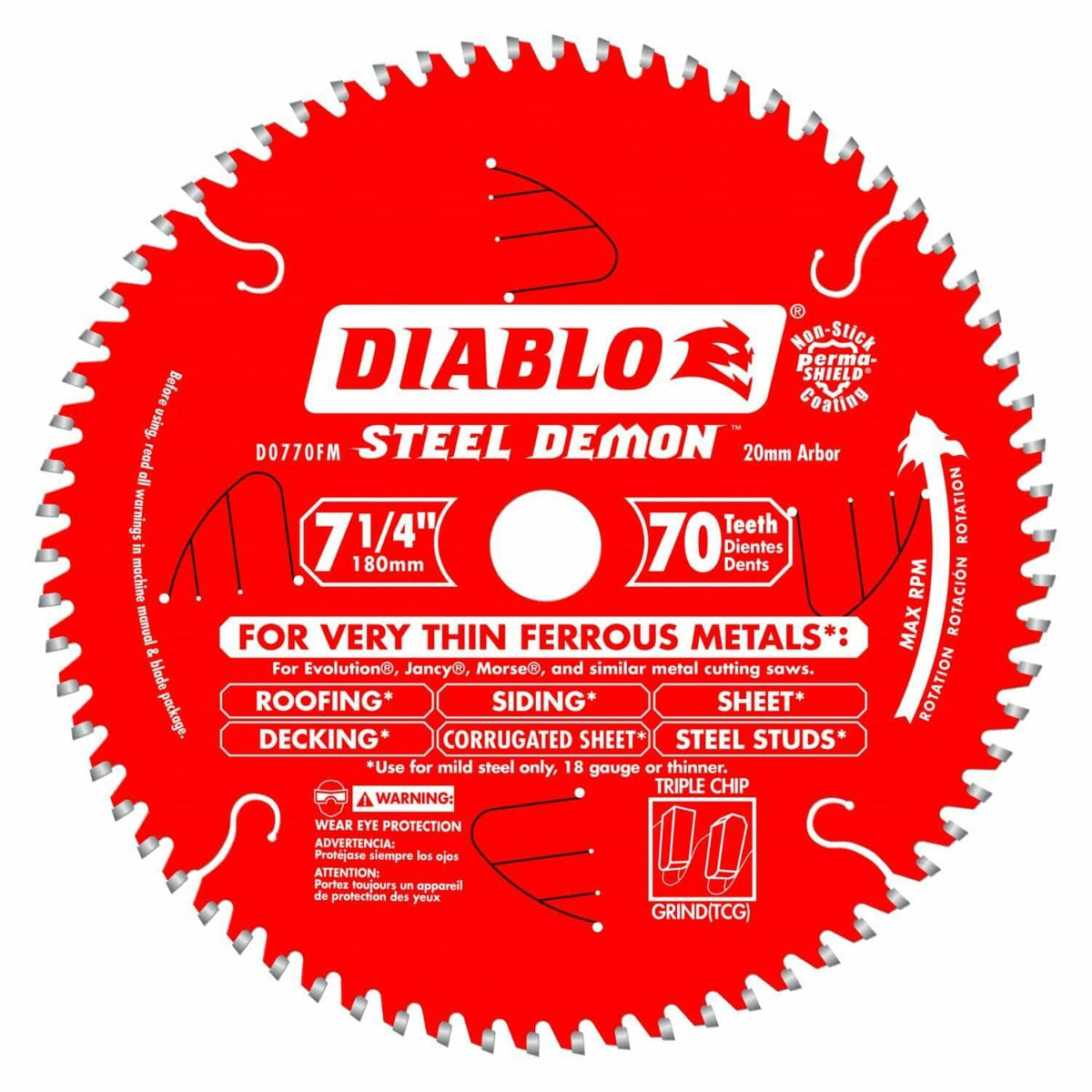 A close-up of the Diablo D0770FM Steel Demon circular saw blade. The 7-1/4 inch, 70-tooth carbide blade is labeled for cutting thin ferrous metals, including steel studs, and features a Perma-Shield coating.