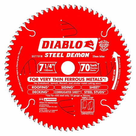 A close-up of the Diablo D0770FM Steel Demon circular saw blade. The 7-1/4 inch, 70-tooth carbide blade is labeled for cutting thin ferrous metals, including steel studs, and features a Perma-Shield coating.