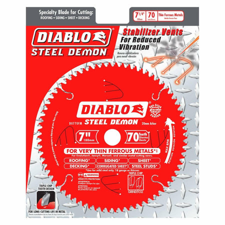 An annotated image of the Diablo Steel Demon 7-1/4 inch metal cutting blade with feature callouts. Labels point to the Triple Chip Tooth Design for long life, advanced laser-cut Stabilizer Vents for reduced vibration, and the Perma-Shield non-stick coating.